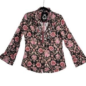 Cino Floral Ruffle Button Blouse Black Pink Cotton Cottagecore Romantic Top L